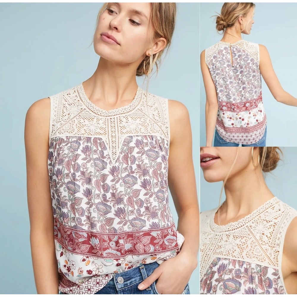 Anthro Maeve Laced Eleanor Blouse Women Small Sleeveless Crochet Floral Boho